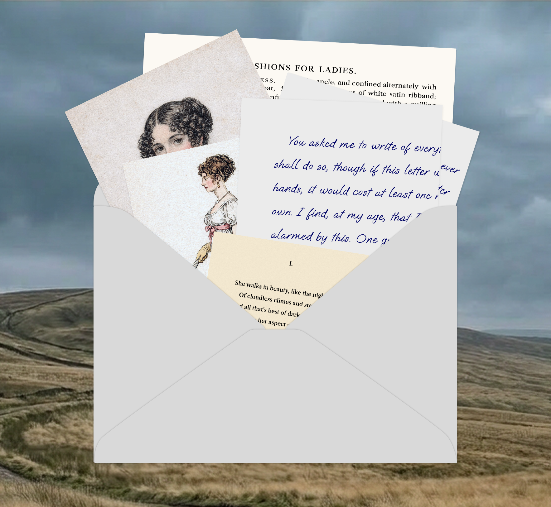 A flatlay of handwritten Regency letters, fashion plates and pressed flowers